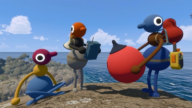 Four characters carrying binoculars and a walkie-talkie stand on a coastal cliff overlooking the ocean
