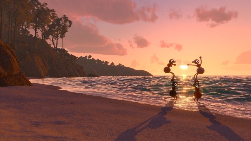 Two characters silhouetted in the surf on a beach at sunset