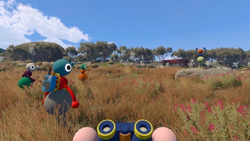 First-person view through binoculars of characters gathered in a golden grassy field