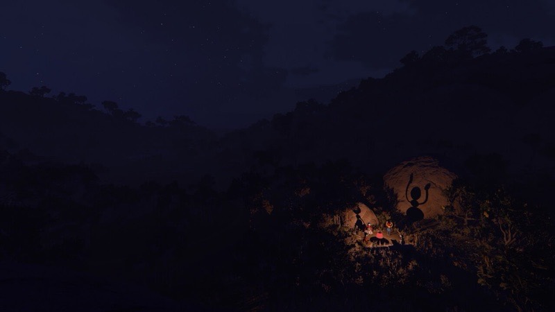 Characters gathered around a glowing campsite on a dark hillside at night
