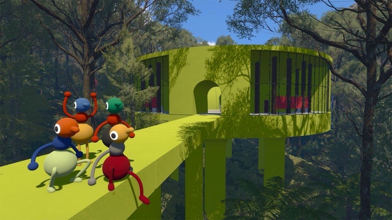 A group of characters on a bridge leading to a treehouse structure in the forest