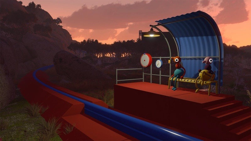 Two characters sitting on a bench at a lit train platform at dusk